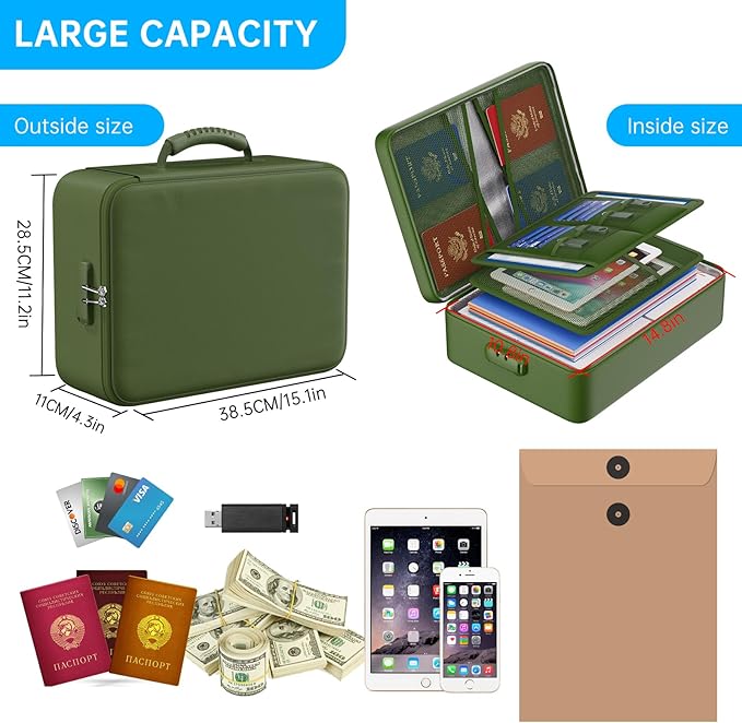 ENGPOW 5200°F Fireproof Document Bag with Lock, Upgraded Heat Insulated Fireproof＆Waterproof Box 8 Layers Document Organizer, Portable Home Travel Safe Storage Box for Important Files, Laptop,Green