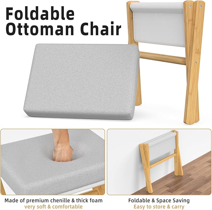 BAMBOOHOMIE Foldable Foot Stool Ottoman, Modern Foot Rest with Bamboo X Legs & Thick Foam Cushion, Folding Foot Stools Small Padded for Bedroom Living Room, Footstool for Chair Couch (Natural - Grey)