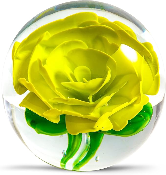 EUSTUMA Hand Blown Glass Flower Paperweight Figurine for Office Desk.Give You A Gift from The Person You Love, The Garden Decoration. (Yellow Flower)