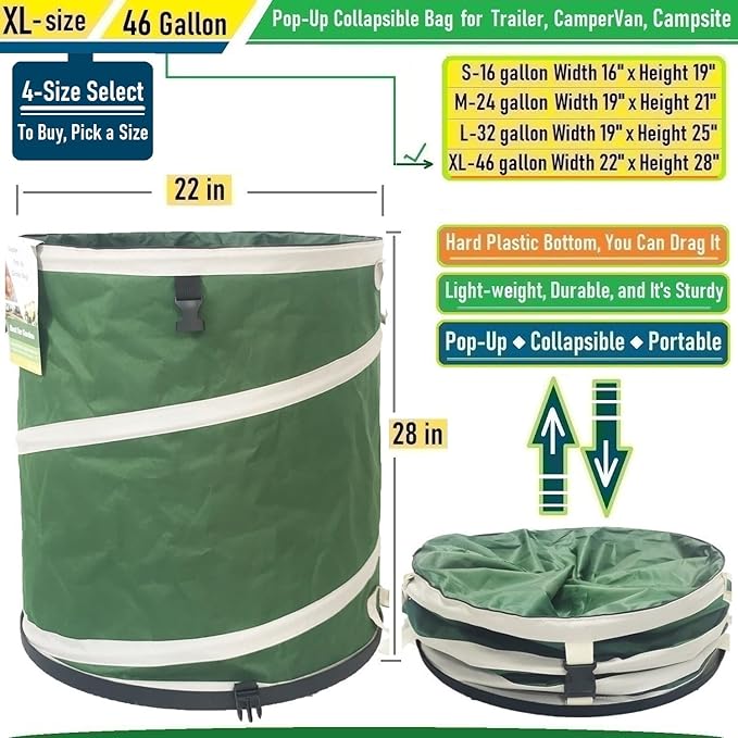 46-Gallon Collapsible Trash Can (22x28 in) Hard-Shell Bottom Yard Garden Bag,Big Leaf Bag,Yard Waste Bag,Debris Container,Pop-Up Recycling Bin,Camping Waste Bin,Laundry Hamper,Lawn Grass,Weeds Barrel