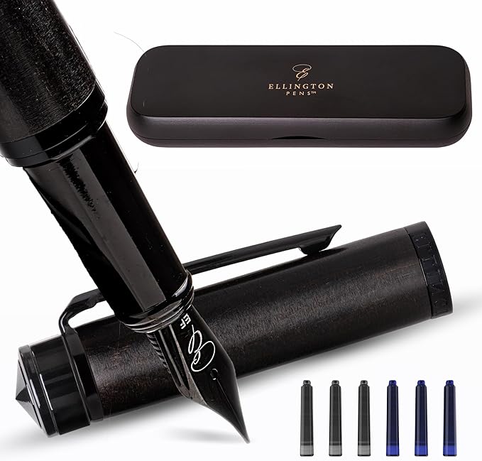 Ellington Pens Luxury Wood Fountain Pen Set – Fine Nib - Includes 6 Ink Cartridges, Wooden Pen Gift Box, Ink Converter - Wood Pen For Writing, Calligraphy, Journaling, Drawing (Ebon Elegance)