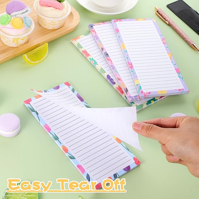 Thboxes 4 Pack Magnetic Note Pad for Fridge with Pen Holder, Totally 200 Sheets Grocery List Magnet Pad for Refrigerator Magnetic Shopping List Pad（Floral Design）