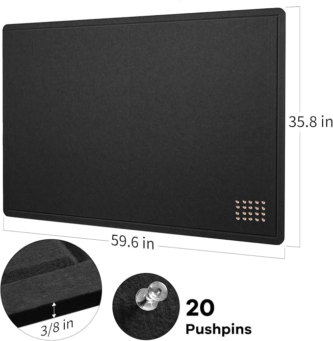 Lightomorrow Large Bulletin Board - 60 x 36 Inches, Decorative Felt Pin Board for Wall - 5' x 3' Foldable Photo Display Board with Self-Adhesive Tape, Includes 20 Push Pins - Black