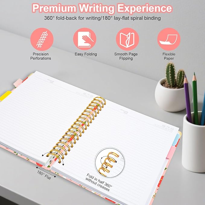 Spiral Journal Notebooks for Work, 300 Pages 5 Subject Notebook College Ruled with Dividers & Tabs, 8''x 10'' Large Notebook Journal for Women Students Note-Taking and Organizer (Pink Strawberry)