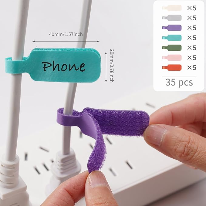 Trilancer Cable Cord Labels Large Size, for Organizing Wires and Identification, Multicolored Handwriting Cable Tags, Reusable with Multiple Uses - 35 PCS
