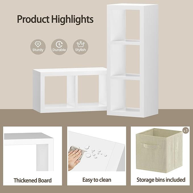furtble 3 Cube Storage Organizer Shelf with Bins, White 3 Tier Bookcase with Fabric Storage Bins, Morden Bookshelf for Bedroom, Living Room, Closet, Office, 11.5" D x 11.5" W x 37.67" H