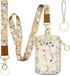 bolimoss Floral Lanyard Wallet & ID Badge Holder 2-in-1, Cute Women Badge Holder with Lanyards, Leather ID Badges Holder for Nurse Teacher Student Office（Flowers Rainbows）