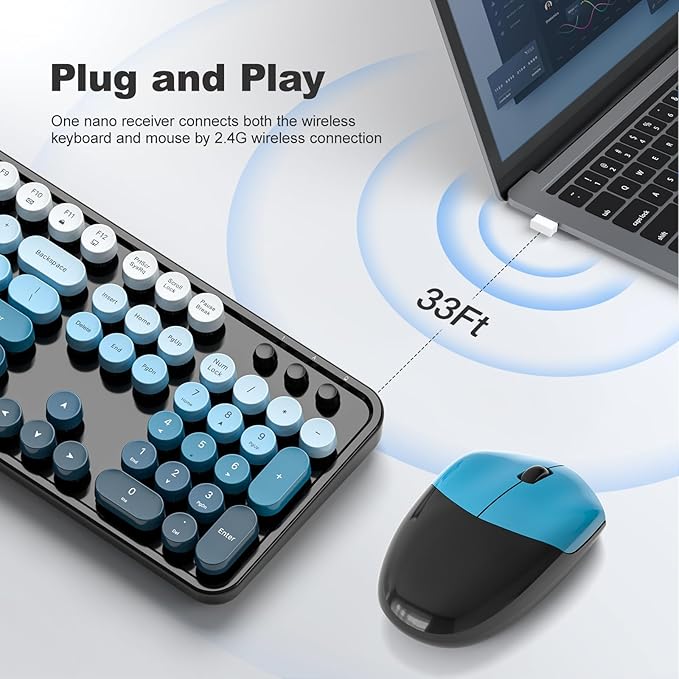 MOFII Wireless Keyboard and Mouse Combo, Full Size 2.4G Plug and Play Typewriter Retro Round Computer Keyboard and Mouse Set for Windows, Computer, Desktop, PC, Notebook - (Black Blue Gradient)