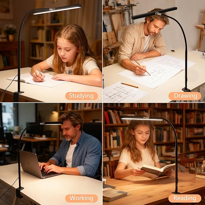FAPEMIH LED Desk Lamp for Office Home, Adjustable Flexible Eye-Caring Desk Light with,5 Modes 10 Brightness Adjustment, USB Adapter Desk Lamp with Clamp-T-B