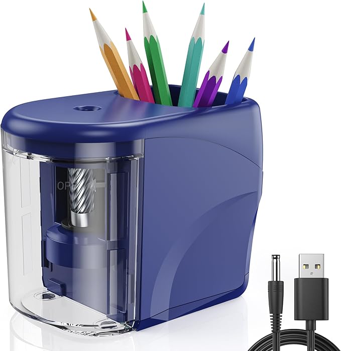 Electric Pencil Sharpener Heavy-Duty Helical Blade Sharpener USB/Battery Operated for No.2/ (6-8mm) Pencils with Auto Stop & Cleaning Brush in School/Classroom/Office (Blue no Adapter)