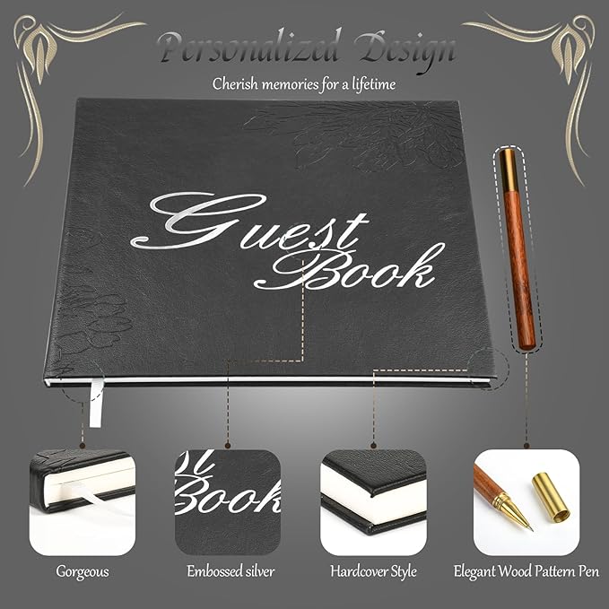 Black Leather Wedding Guest Book,Polaroid Guest Book for Vacation Home,Wedding Reception,Funeral,Party,Memorial Service,10.3x8'' Embossed Silver Guestbook,House Visitor Guest Sign in Book with Pen