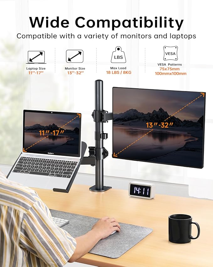 H&C(hcck&Cllassp) Monitor and Laptop Mount Stand for 13" to 32" Screens, Adjustable Monitor Arm Stand with Tray for 11-17” Laptop, Holds 18lbs/Arm, C-Clamp, 75x75/100x100 VESA
