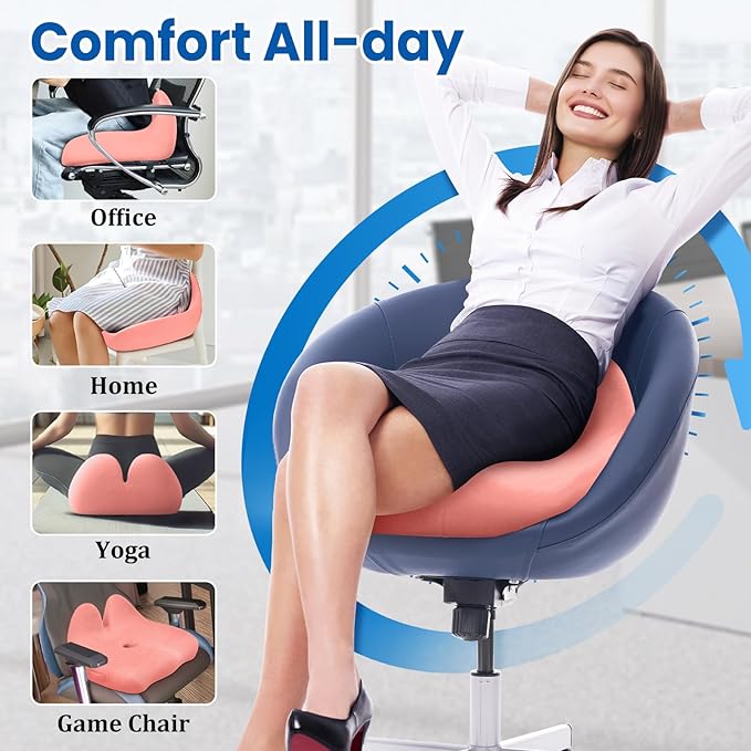 CushZone Seat Cushion, Memory Foam Office Chair Seat Cushion for Office Chairs/Car/Long Trip/Desk Chair/Gaming, X-Large Size for Sciatica & Hip & Tailbone Pain Relief, Sciatica Support (Pink)