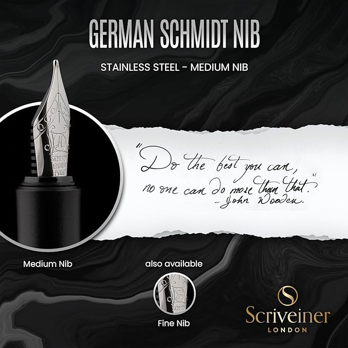 Scriveiner Personalized Luxury EDC Fountain Pen (Medium), Stunning Matt Black Pocket Pen, Chrome Finish, Schmidt German Nib, Best Engraved Fountain Pen Gift Set for Men & Women, Name Engraving