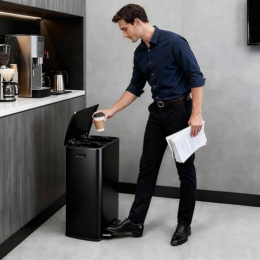 GarveeHome Commercial Dual Trash Can, 16 Gallon Stainless Steel Double Compartment Recycling Bin with Soft-Close Lids, Pedals & Plastic Inner Buckets, 60L Garbage Can for Kitchen, Home, Office, Black