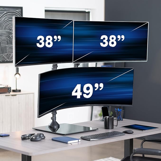 VIVO Pneumatic Arm Triple Ultrawide Monitor Desk Stand for Up to 49 inch Screens with Tempered Glass Base, Holds 3 Ultra Wides Up to 33 lbs Each, Black, STAND-V300FG