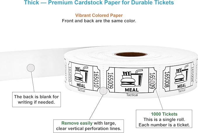 Tacticai 1000 Raffle Tickets, Meal, White (1 of 8 Colors), Single Roll, Ticket for Events, Food, Class Reward, Fundraiser & Prizes