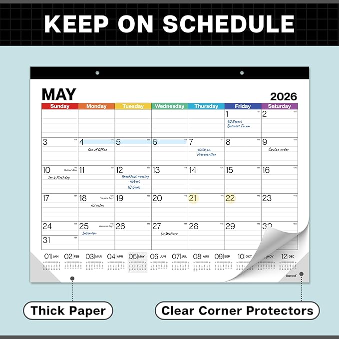Dunwell 2026 Desk Calendar 22x17, Large Monthly Desk Blotter or Hanging Wall Calendar, Colorful Design, Jan–Dec 2026, Lined Daily Blocks, Easy to Read