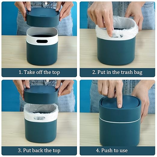 Business King Mini Desk Trash Can with Lid with Trash Bags 180 pcs Press-Top 0.5 Gallon Tiny Countertop Waste Basket Small Table Top Plastic Covered Garbage Bin for Desk Top (Blue)