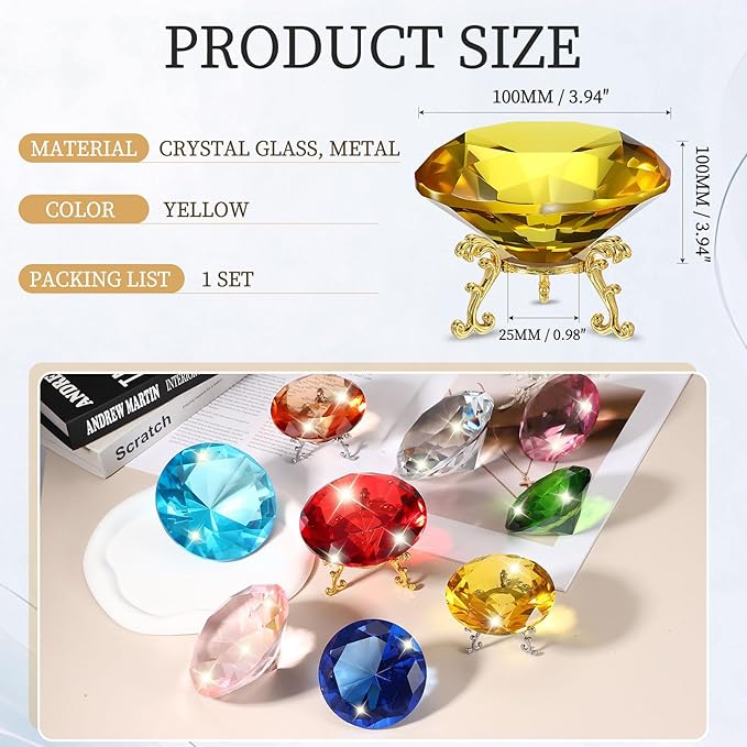 PATIKIL Diamond Crystal Paperweight, 100mm / 3.94" Crystal Paperweight Paper Weight with Gold 25 Metal Base for Home Office Desktop Table Decor Wedding Party Ornaments, Yellow