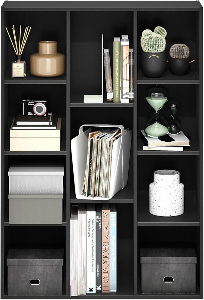 Furinno LUDER Book Shelf, 11-Cube Bookshelf, Reversible Bookcase, 9.4 x 29.1 x 41.7, for Living Room, Bedroom, Home Office, Blackwood