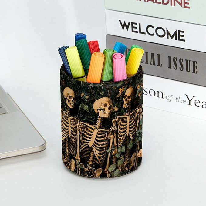 Leather Pen Holder for Desk, Skeleton Flower Pencil Cup Desktop Organizer Makeup Brush Holders Office Supplies for Home, Kids & School