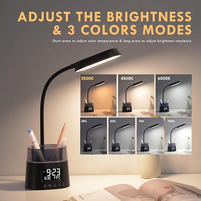 Led Desk Lamp for Home Office, Touch Table Lamp with USB Charging Port, 3 Color Modes Stepless Dimmable Reading Light, Gooseneck Lamp for Dorm Room, Bedside Study Light with Clock,Adapter Include