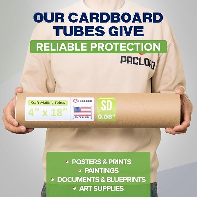 Paclord 4" x 18" Reinforced Kraft Paper Mailing Tube, Pack of 1 Tube with 2 Caps – Secure USPS Approved Poster Tube – Cardboard Tube for Shipping and Storing of Posters, Prints, Artwork, or Documents