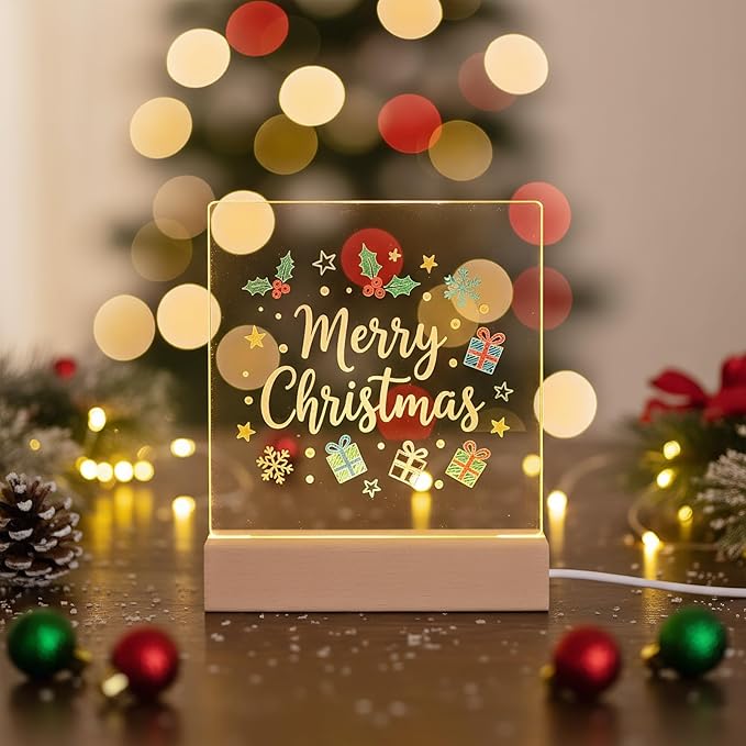 FRELWIM 5.9 x 5.9 Inch Warm LED Message Memo Note Board with Colors, Clear Acrylic Desktop Light Up Dry Erase Drawing Writing Board with Stand