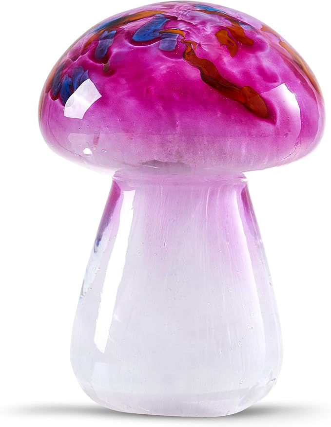 Hand Blown Glass Pink Mushrooms Paperweight for Birthday Gift,Home Decor Collectible,Garden Office Decor Lovers.