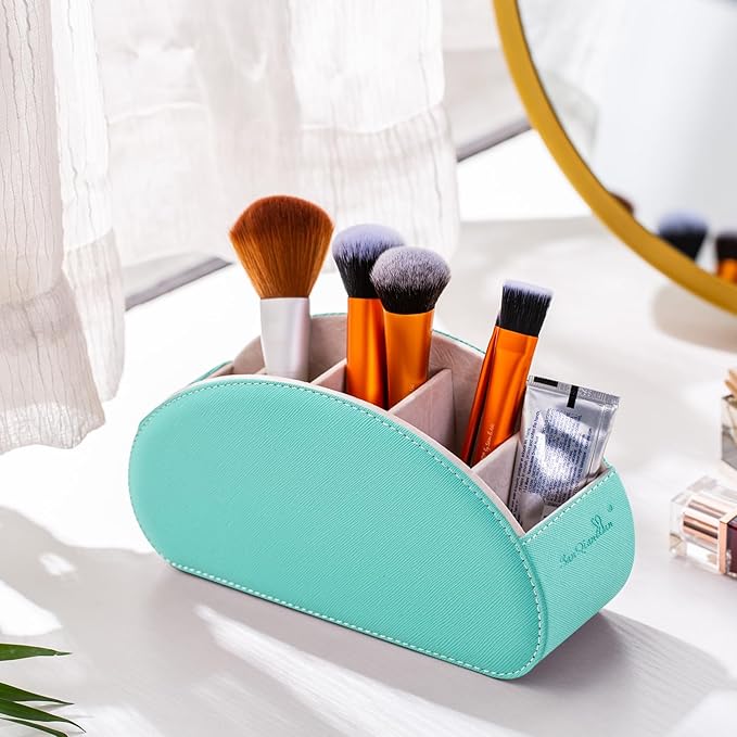 BONNY DODO Remote Control Holders Organizer Box with 5 Compartment PU Leather Multi-functional Office Desk Storage Caddy Store Tv Remote for Media Player,Brush,Pencil,Glassees&Office Supplies (Cyan)