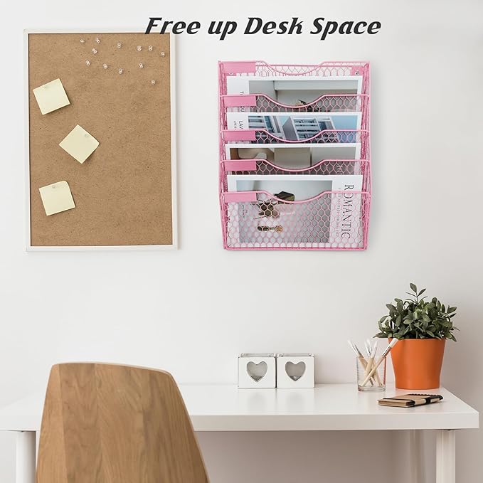 EASEPRES Mail Organizer Wall Mount Hanging File Holder Storage, Metal Chicken Wire Magazine Rack 5 Tier, Pink