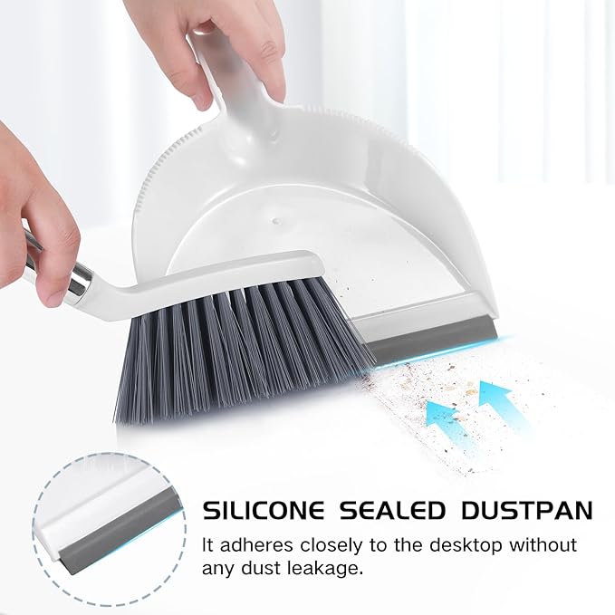 NACENA Mini Broom and Dustpan Set, Small Dust Pan and Brush Set with Handle Dustpan Teeth for Cleaning Hair Suitable for Office Desks Drawers Sofas Outdoor Camping, White & Gray