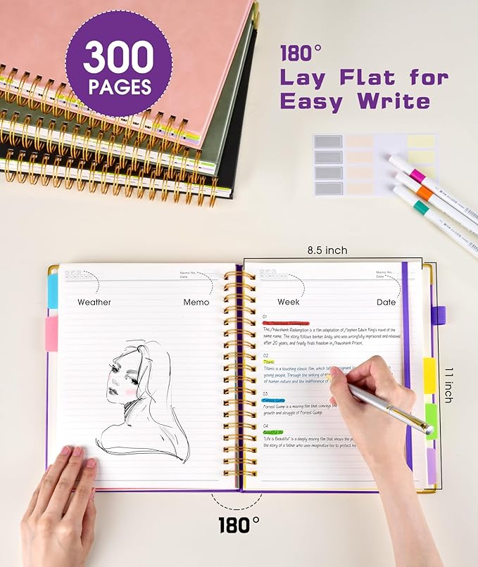 Hardcover Spiral Notebook 8.5"x11" Journal with Removable Dividers Tabs, 300 Pages Leather 5 Subject Notebook College Ruled, Large Notebooks for Work School, Lined Journal for Women, A4 Dark Purple