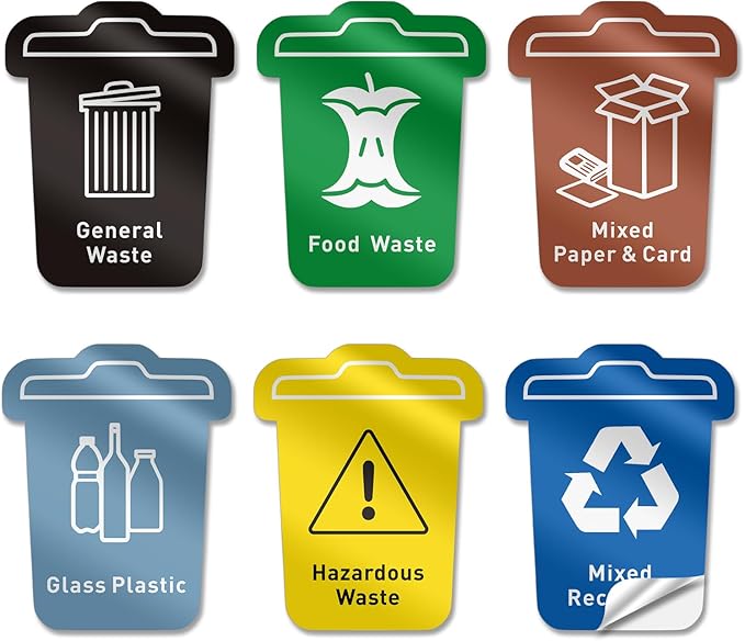 ASAVI Trash Sorting Stickers (6-Pack) – 6x4.8 Waterproof Vinyl Waste Labels with Strong Adhesive, Durable Outdoor/Indoor Use, Icon-Based Design for Home, Office, Commercial Bins (Bucket-Shaped)