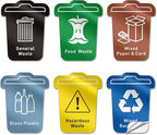 ASAVI Trash Sorting Stickers (6-Pack) – 6x4.8 Waterproof Vinyl Waste Labels with Strong Adhesive, Durable Outdoor/Indoor Use, Icon-Based Design for Home, Office, Commercial Bins (Bucket-Shaped)