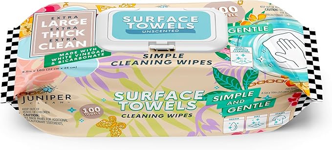 Juniper CLEAN Single Surface Cleaning Wipes Bleach Free, Thick & Large Dispose, All-Purpose Cleaner for Bathroom, Kitchen, Office, 100 Count Soft Flow, Biodegradable, No Scent