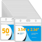 Marspark 50 Pieces Clear Plastic Horizontal Name Badge ID Card Holders with Waterproof Type Resealable Zip, 3.54 x 2.36 in, Transparent PVC Sleeve for Office Back to School Supplies