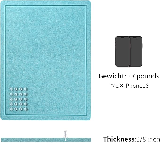 Lightomorrow Bulletin Board, 24 x 18 inches Felt Board Decorative Pin Board, Cork Board Alternative for Wall, Foldable Self-Adhesive Vision Board Mood Board with 20 Pushpins - Turquoise Blue