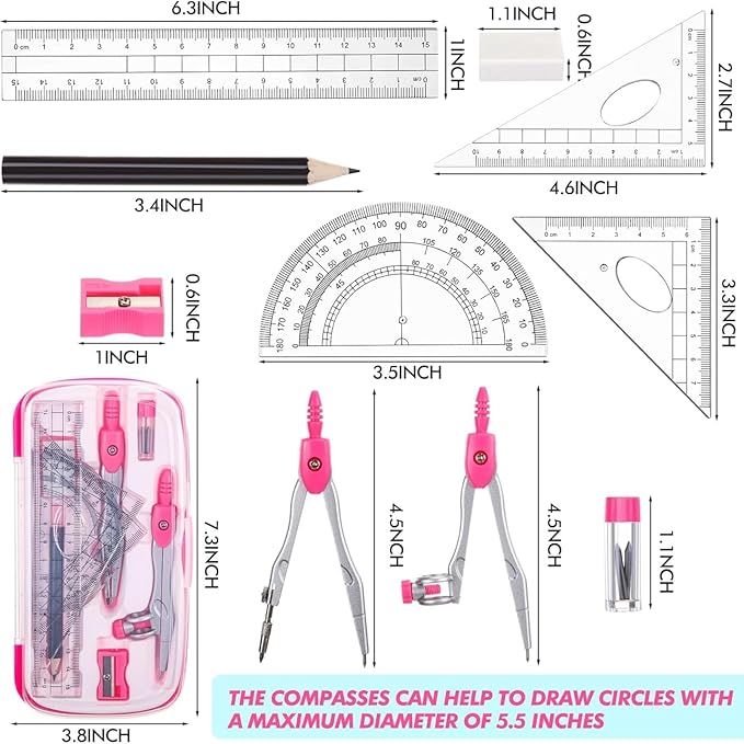 Zonon 6 Sets Math Geometry Kit Student 10 Pcs Shatterproof Storage Box Includes Compass, Rulers, Protractor, Eraser, Pencil Sharpener, Lead Refills, Pencil for Back to School Students Class Teacher