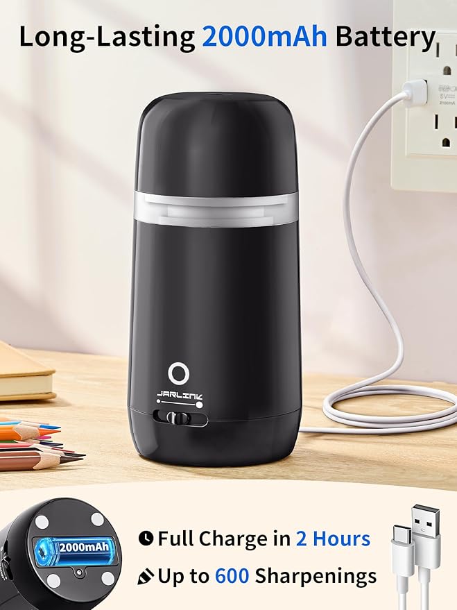 JARLINK Automatic Electric Pencil Sharpener - Hands-Free Operation, 3 Sharpness Modes, 3-Second Sharpening, Rechargeable & Portable for 7-12mm Pencils, Ideal for Classroom and Home Use (Black)