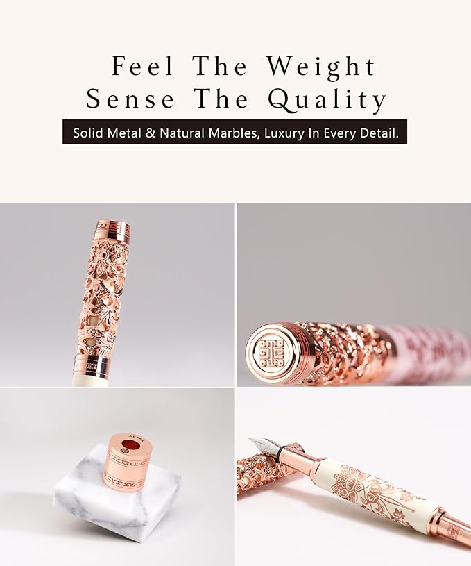 ARTEX Luxury Fountain Pen Set With Stand - Museum Art Collections - Crafting Timeless Beauty - the Best Gift & Office Desk Decor, German SCHMIDT Fine Nib, Solid Metal & Marble Texture