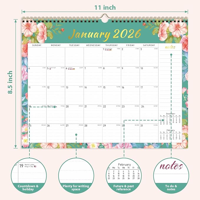 2026 Wall Calendar, Monthly Wall Calendars, Jan 2026 - Jun 2027, Desk Planner (8.5" x 11"), Hanging for Home, School, Office Supplies