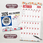 CRANBURY Large Print Wall Calendar 2026, 12x23" Open, 12 Months Floral Designs, Use Jan to Dec 2026, Big Numbers, Big Grid, Low Vision Calendar, Non-Glossy Paper for Easy Writing, Includes Planner Stickers