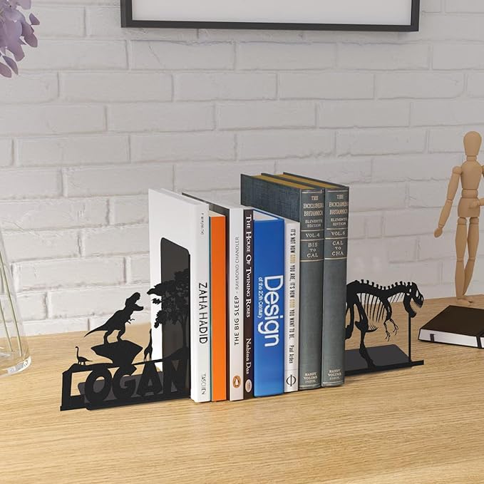 Personalized Name Book Ends Metal, Heavy Duty Bookends for Shelves Decorative, Dinosaur Non-Slip Book Stopper, Home Office Desk Modern Bookshelf Decor, Gifts for Readers Color02
