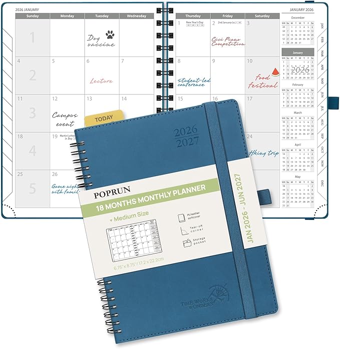 POPRUN Monthly Planner 2026-2027 (Medium 6.5" x 8.5") 18 Months Calendar Book(Jan 2026 - Jun 2027) - 4 Pages per Month with Expense & Notes, Stair-like tabs, Leather Cover - Night Sky Blue