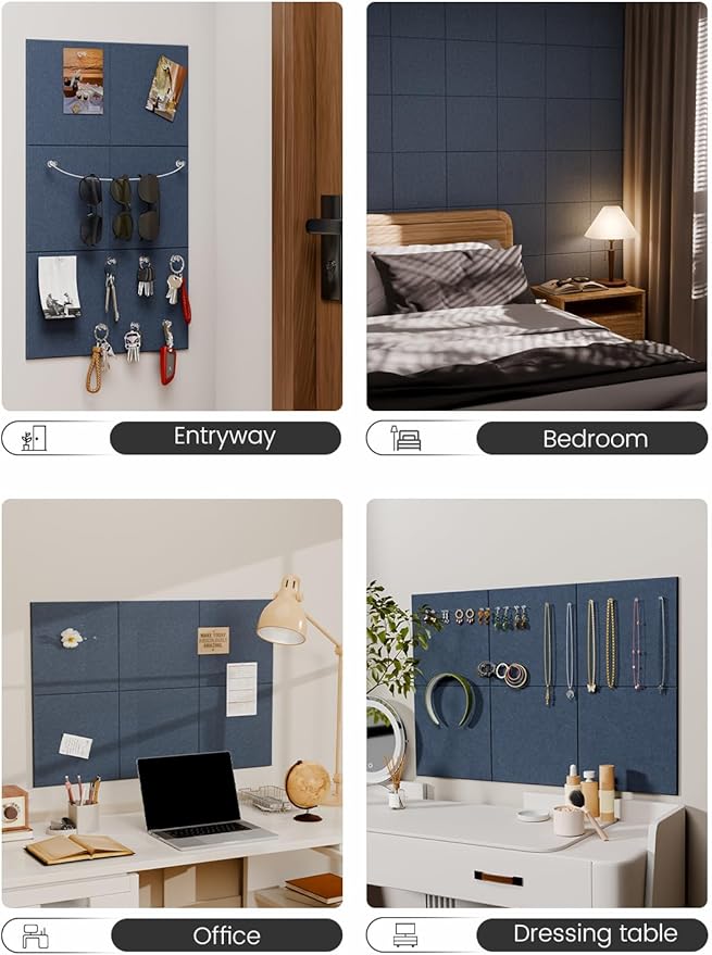 Fluxynara Felt Bulletin Board Tiles -28"x18" Cork Board Alternative for Office Decor, Push Pin Board Wall Organizer 6-Pack - Navy Blue