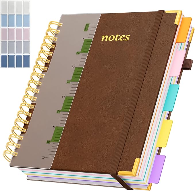 XYark Line Hardcover Spiral Notebook with Removable Dividers Tabs & Ruler, 5 Subject Notebook College Ruled, 300 Page, Large 8"x10" B5 Notebooks for Work School, Lined Journal for Women & Men, Brown