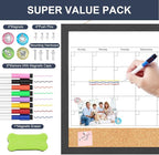 Dry Erase Calendar for Wall, 18x24 Inches Calendar Whiteboard for Wall, Magnetic Monthly White Board Corkboard with Wood Framed, Hanging Dry Erase Board for Kitchen Home Office School Planner