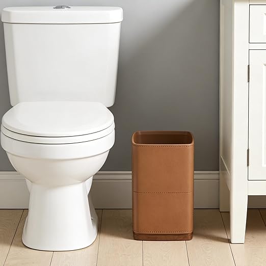 Polytree Bathroom Trash Can 1.8 Gallon(7 Liter) Small Kitchen Garbage Can,Decor Wastebasket for Bedroom Office,Brown （Resin-Imitated Leather Effect）